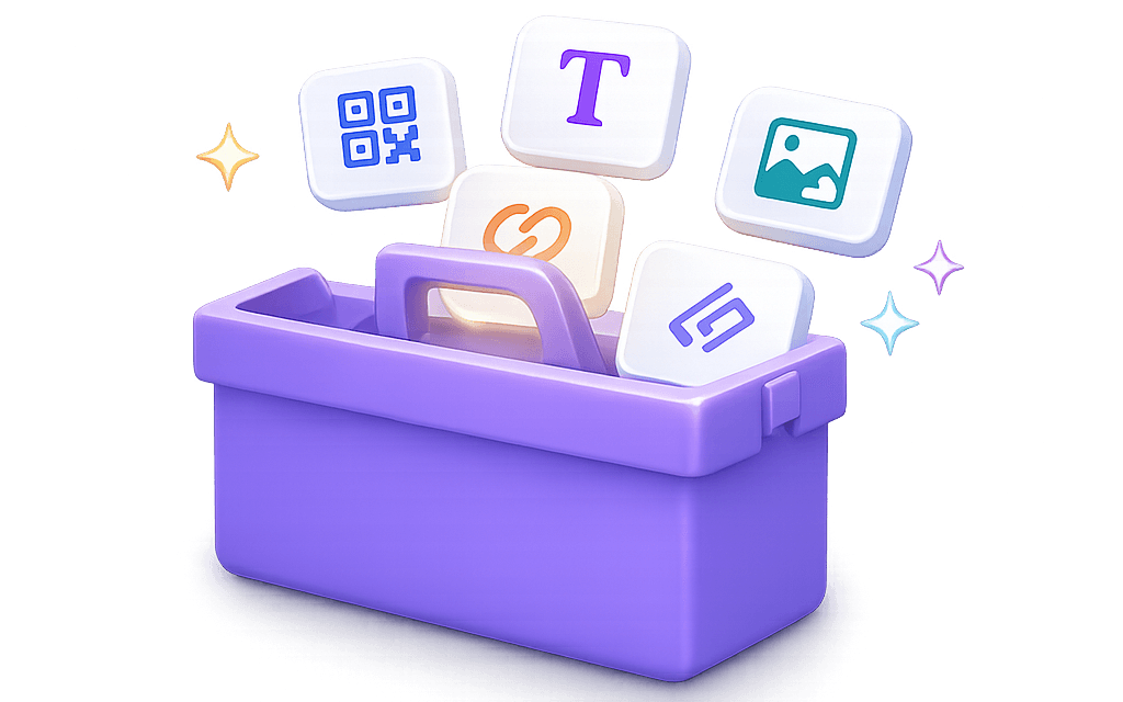 A toolbox holding icon tiles for MyToolkitt's QR, text, link and image tools